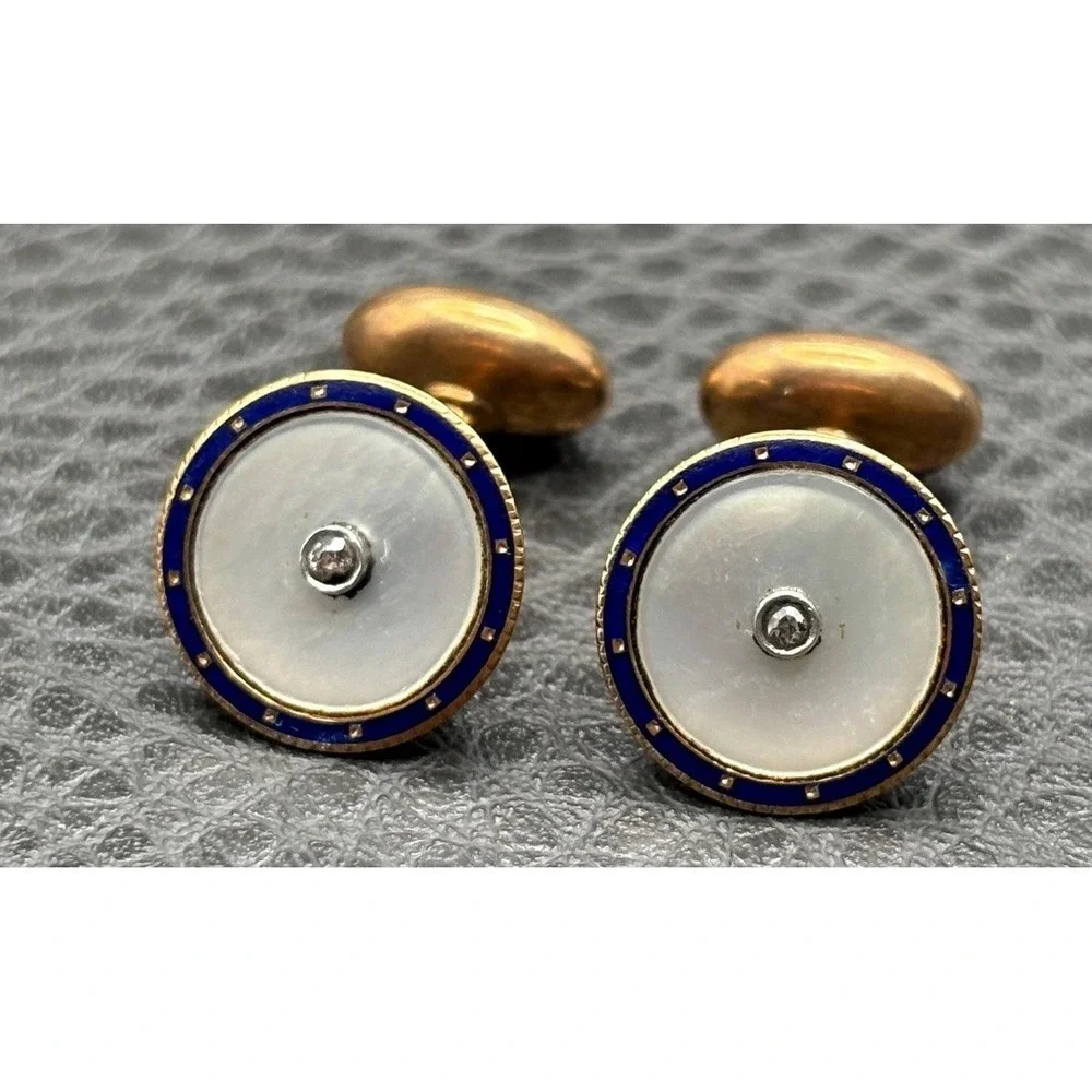 Carter & Howe 14K Gold Mother of Pearl Blue Enamel Diamond Cufflinks Art Deco
